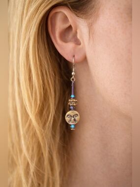 Petite Moon Face Drop Earrings | Celestial Dainty Jewelry | Blue Crystal Accent